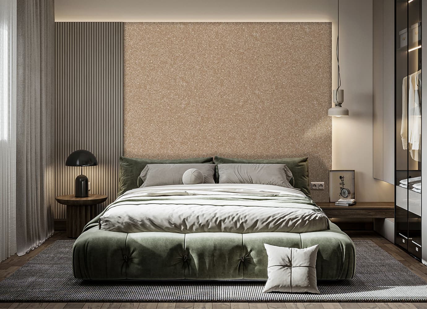 Belka taupe wallpaper in a bedroom, offering a calm and warm ambiance.