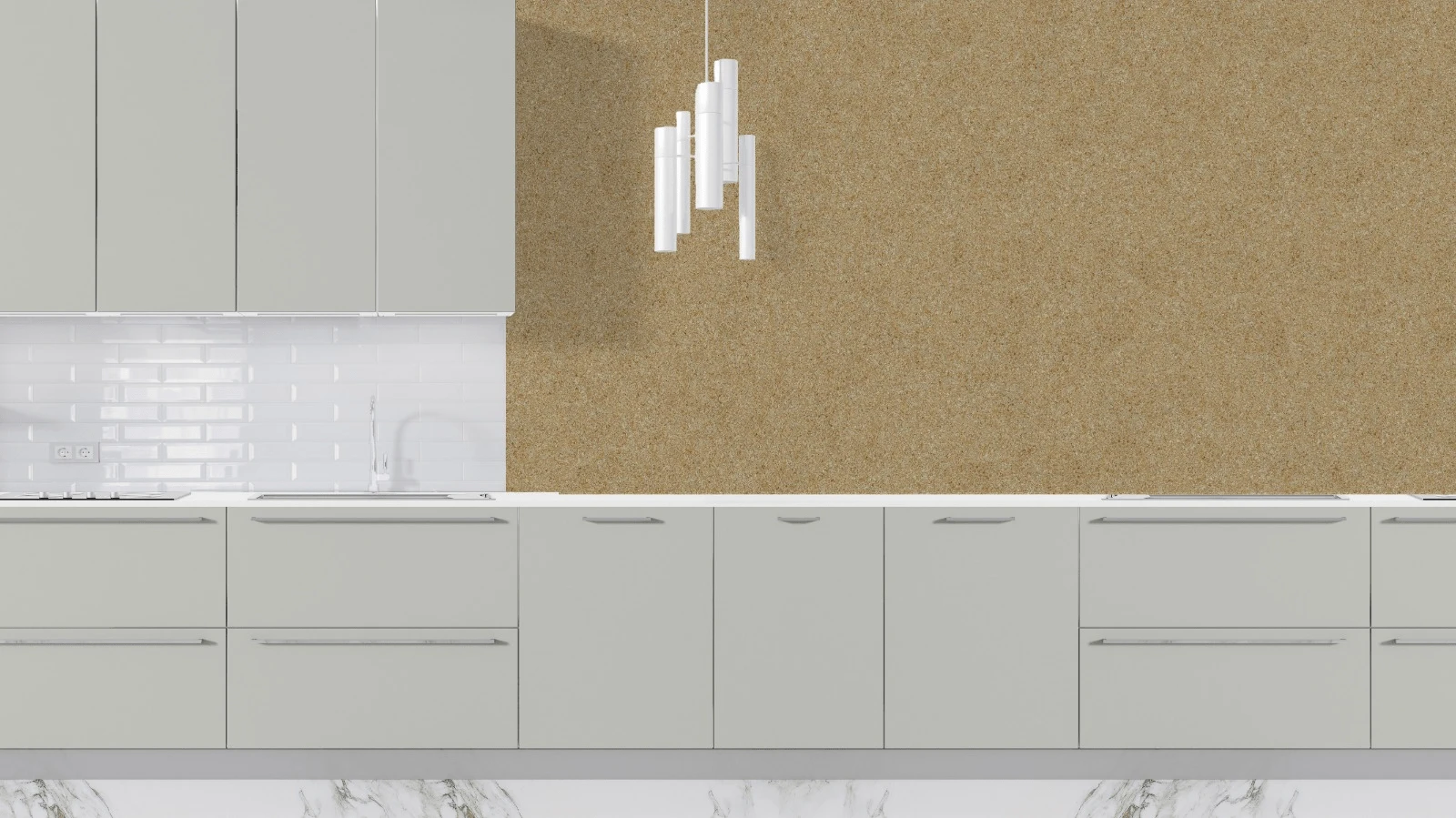 A modern kitchen featuring stylish, eco-friendly Belka wallpaper in a sleek and vibrant color, adding warmth and character to the space.