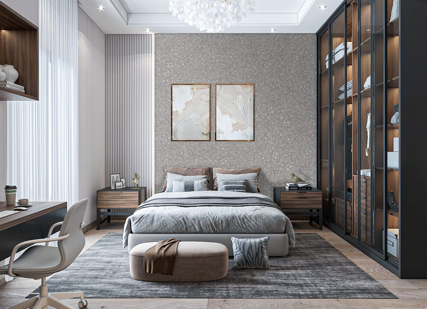 Belka silver wallpaper in a bedroom, creating an elegant and luxurious atmosphere.
