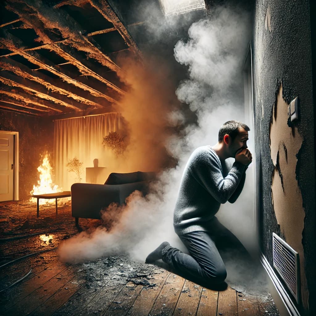 A distressed person in a smoke-filled room, coughing and covering their face with a cloth, surrounded by damaged traditional wall coverings affected by fire and smoke exposure.