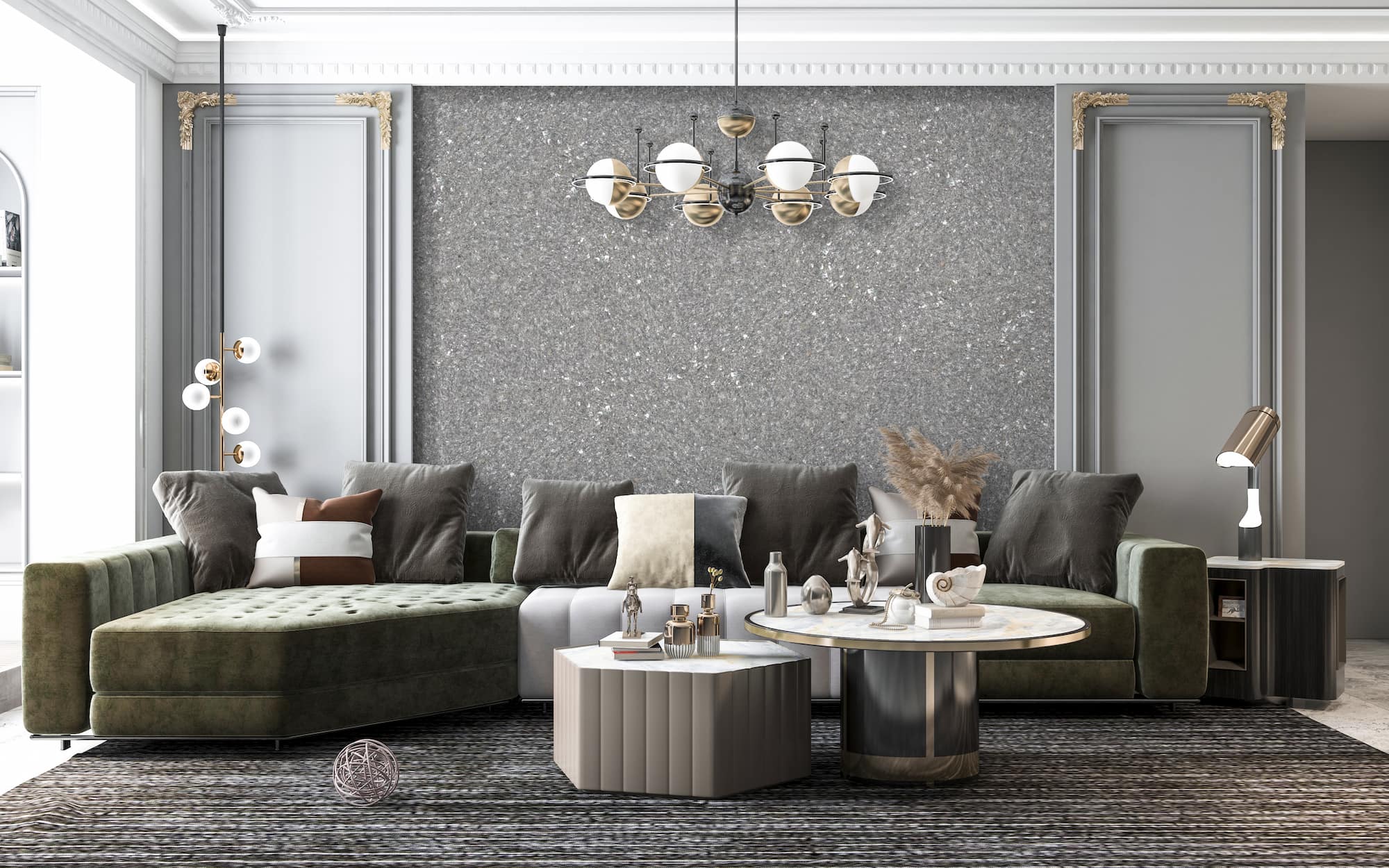 Belka grey wallpaper creating a stylish and calming atmosphere in a living room.