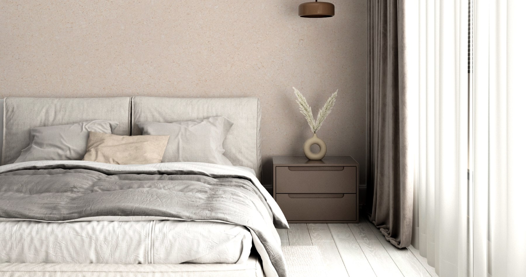 Ruhiges Schlafzimmer mit neutraler Tapete, Bett und natürlichem Licht