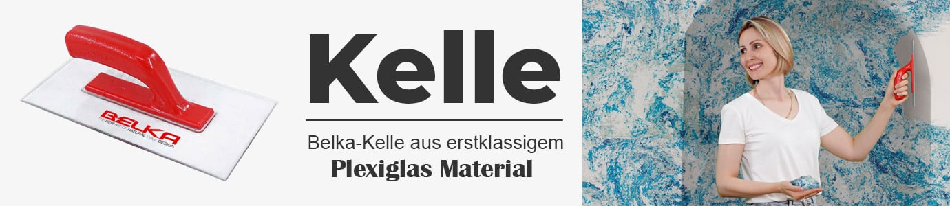 Belka Kelle Bild auf der linken Seite. Eine lächelnde Frau, die Belka mit der Kelle aufträgt, rechts.