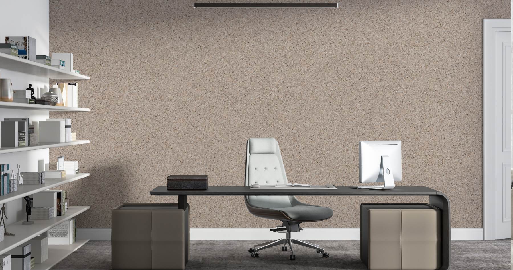 Modernes, nachhaltiges Büro mit einer stilvollen Wand aus Belka, einem umweltfreundlichen Material, das aus 100% natürlichen, recycelten Materialien besteht.