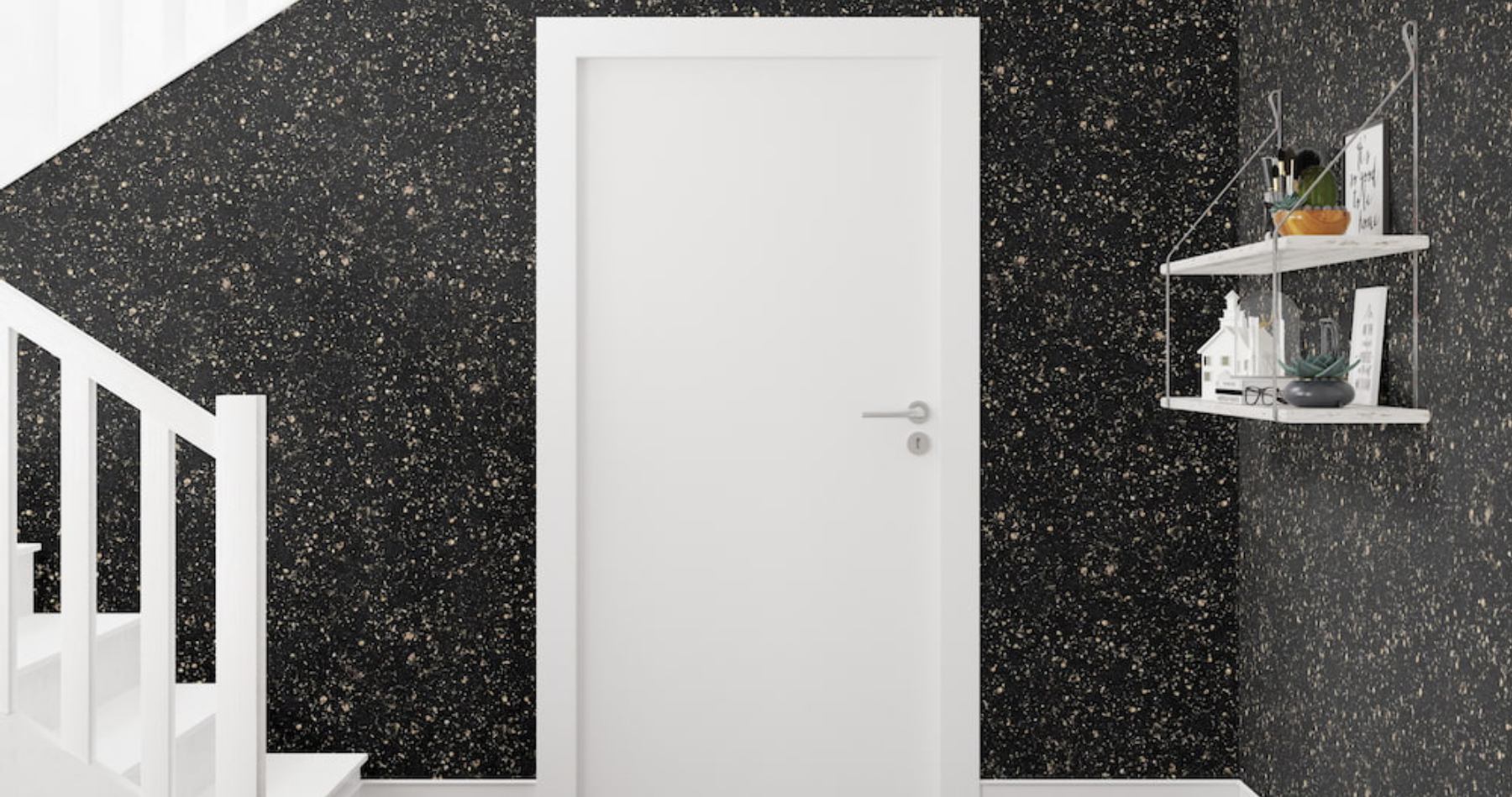 Stilvoller Flur mit schwarzer Belka Tapete, weißen Akzenten und minimalistischen Regalen.