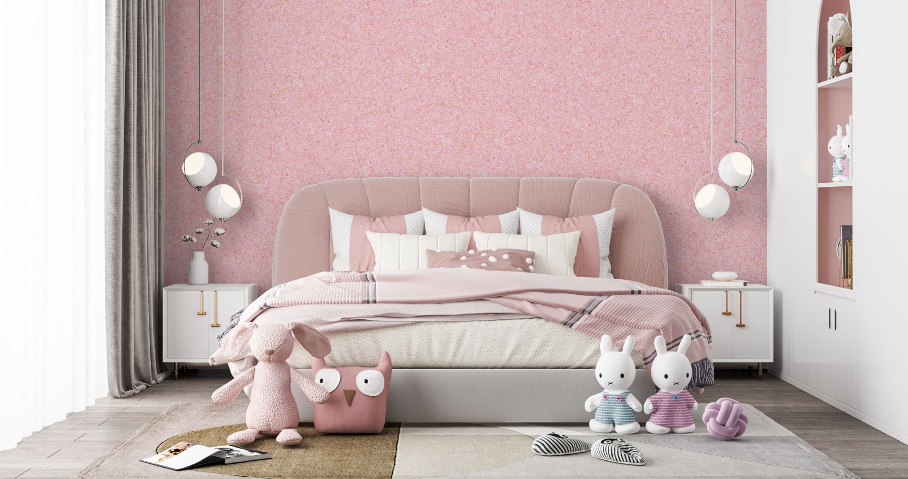 Ein gemütliches Kinderzimmer mit einer nachhaltigen Belka Tapete Rosa, zuhause einem weichen Bett und niedlichen Stofftieren.