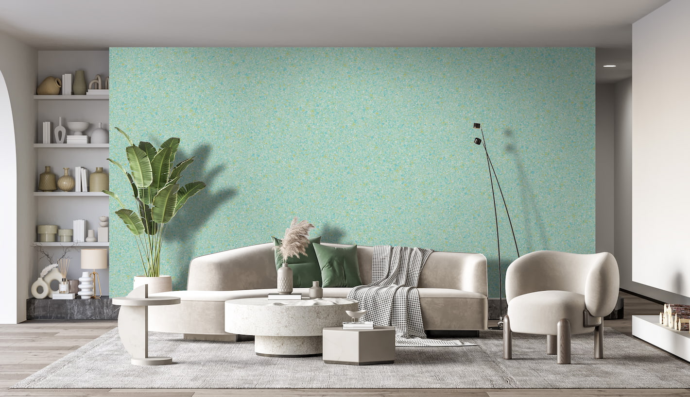 Modernes Wohnzimmer mit einem hellen, mintfarbenen Belka-Wanddesign, das aus umweltfreundlichen, natürlichen Materialien besteht.