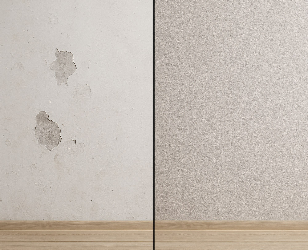 Vergleichsbild einer Wand: Links mit Schadstellen vor der Reparatur, rechts glatt und repariert mit Belka Tapete über einem Holzboden.