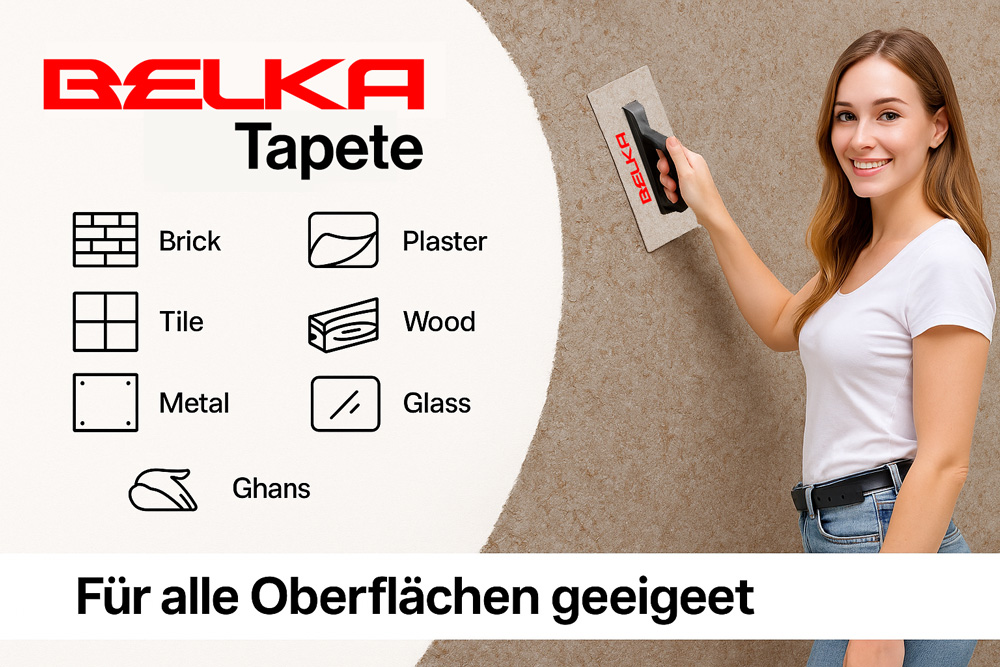 Eine Frau trägt Belka Tapete mit einer Kelle auf eine Wand auf, während Symbole für verschiedene Oberflächen (Brick, Plaster, Tile, Wood, Metal, Glass, Ghans) und der Text