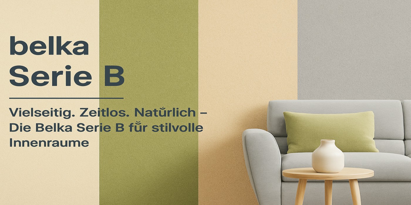 Belka Serie B – Beige Baumwolltapete mit modernem Sofa und Vase in minimalistischem Wohnzimmerdesign