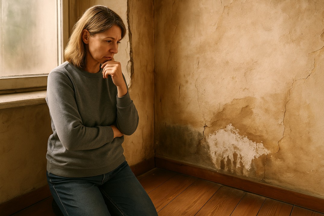 Nachdenkliche Frau betrachtet feuchte, beschädigte Wand mit Salzablagerungen in unsanierter Altbauwohnung.