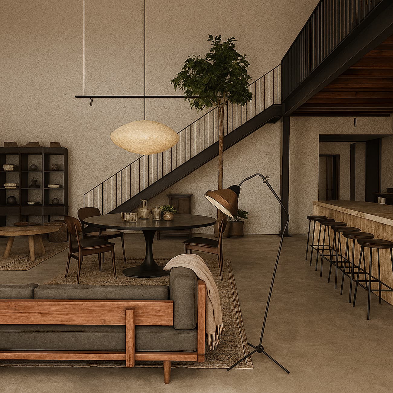 Industrial Style mit dunkleren Wandtönen, Metall und Holz