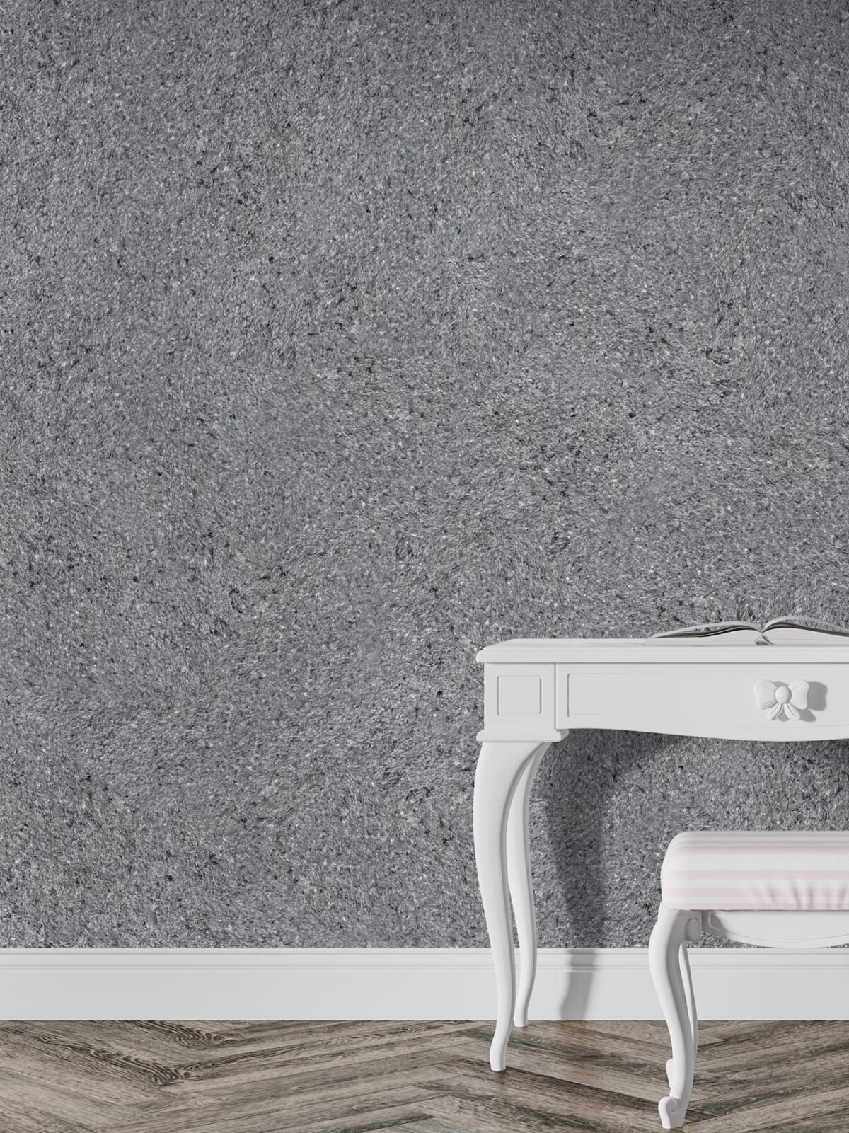 Belka G300 Urban Graphit Grau – elegante graue Wandbeschichtung im Wohnraum Belka G300 Tapete Urban Graphit Grau an der Wand mit weißem Konsolentisch – moderne graue Wandgestaltung