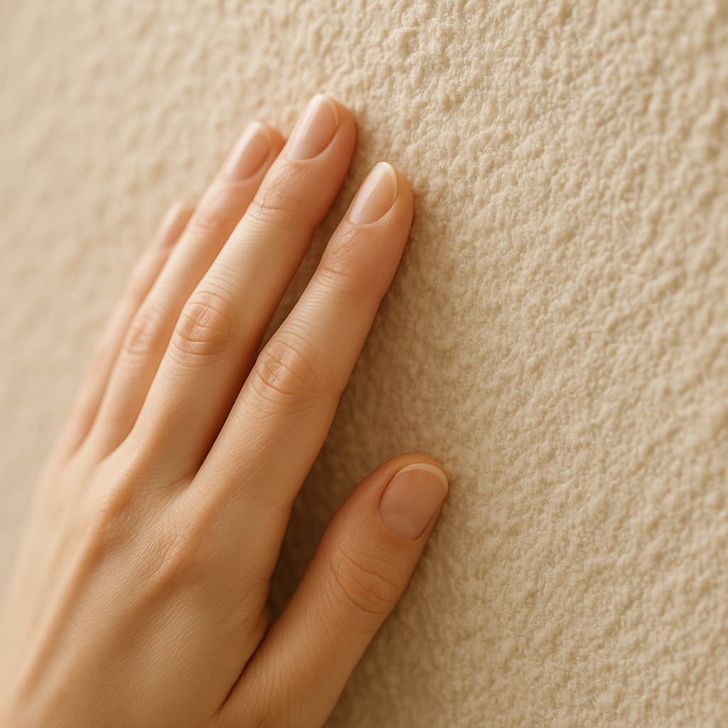 Hand berührt die textile Struktur einer BELKA Baumwolltapete