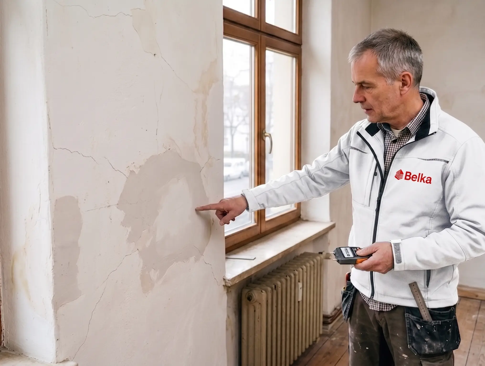 BELKA Team prüft eine Innenwand vor der Gestaltung