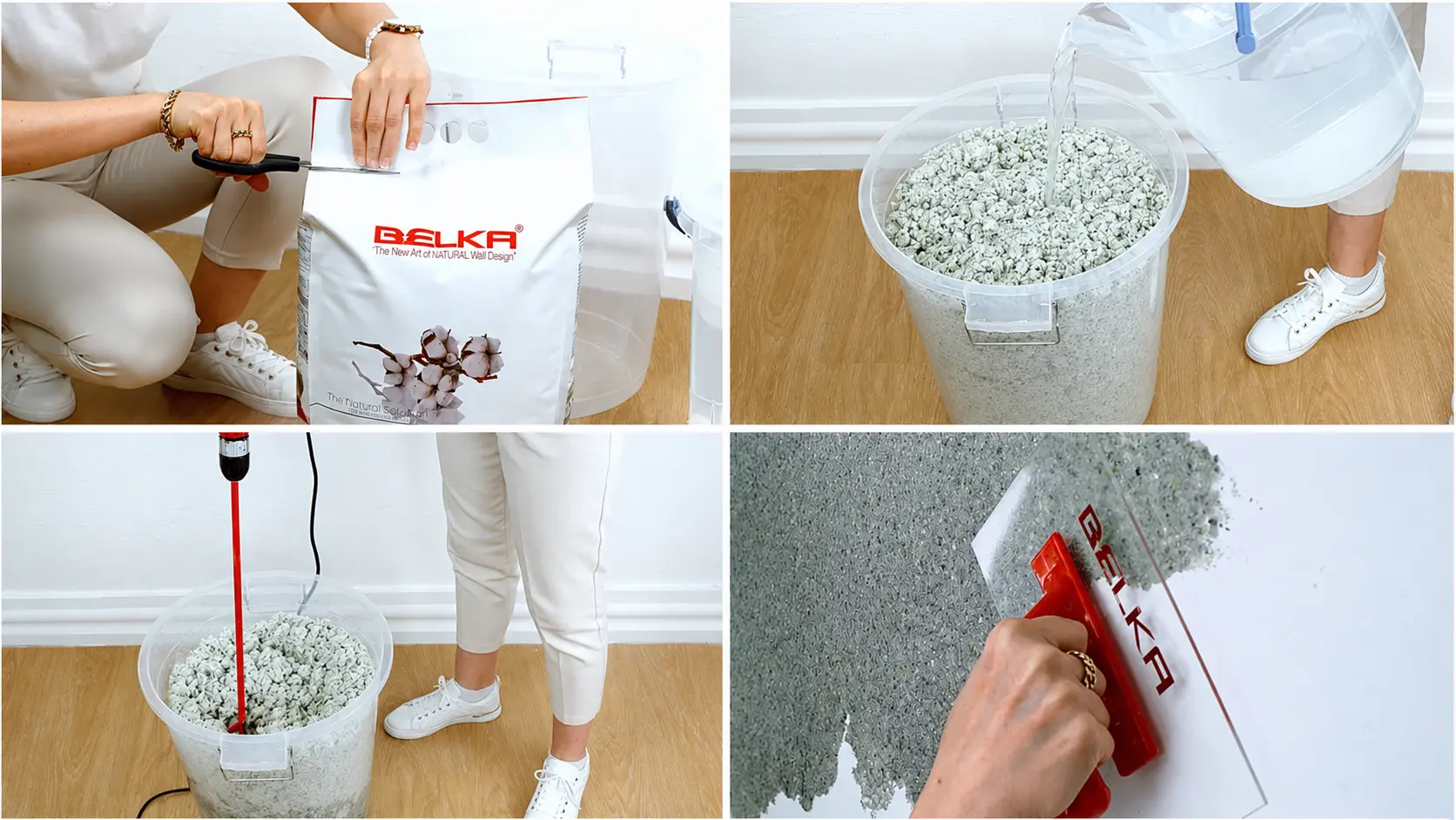 BELKA Naturtapete Anwendung mit Öffnen der Verpackung, Wasserzugabe, Mischen und Auftrag an der Wand