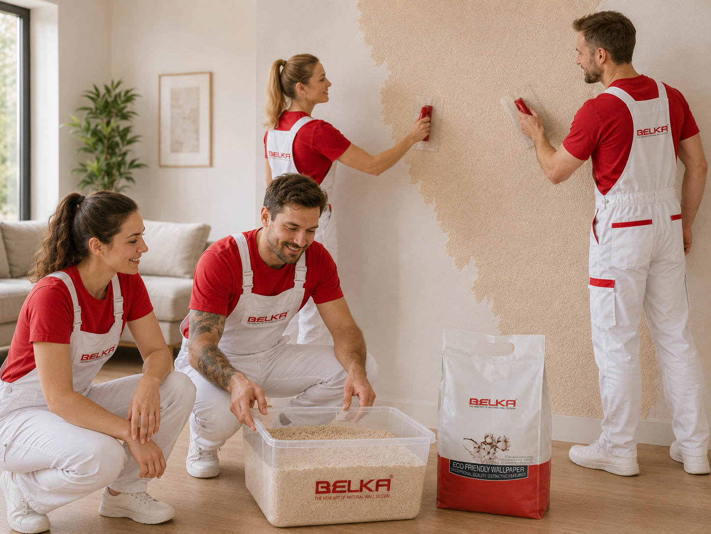 BELKA Team bei der Verarbeitung einer textilen Wandoberfläche