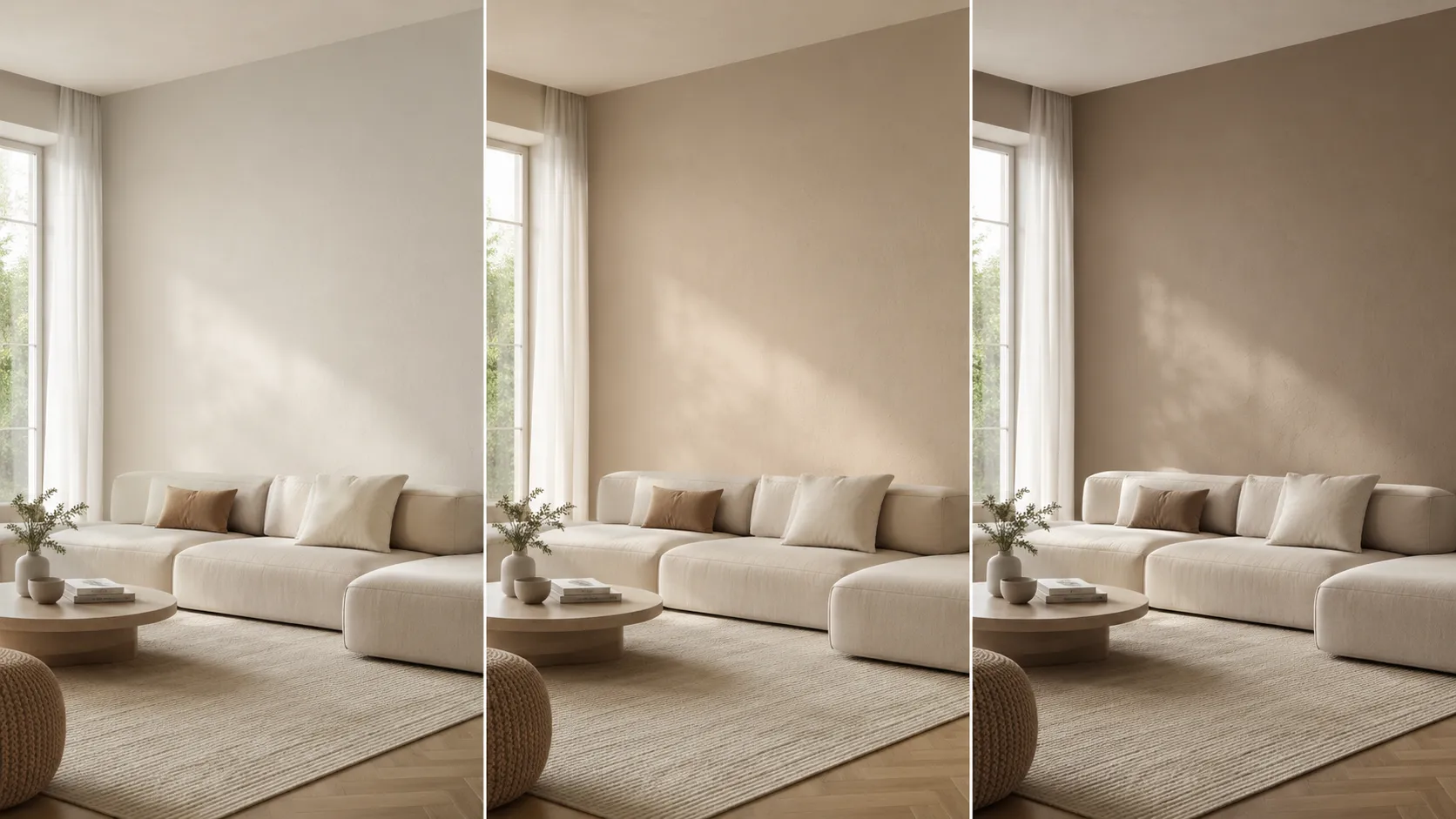 Dasselbe Wohnzimmer mit drei unterschiedlich warmen Wandfarben als KI-Farbvergleich