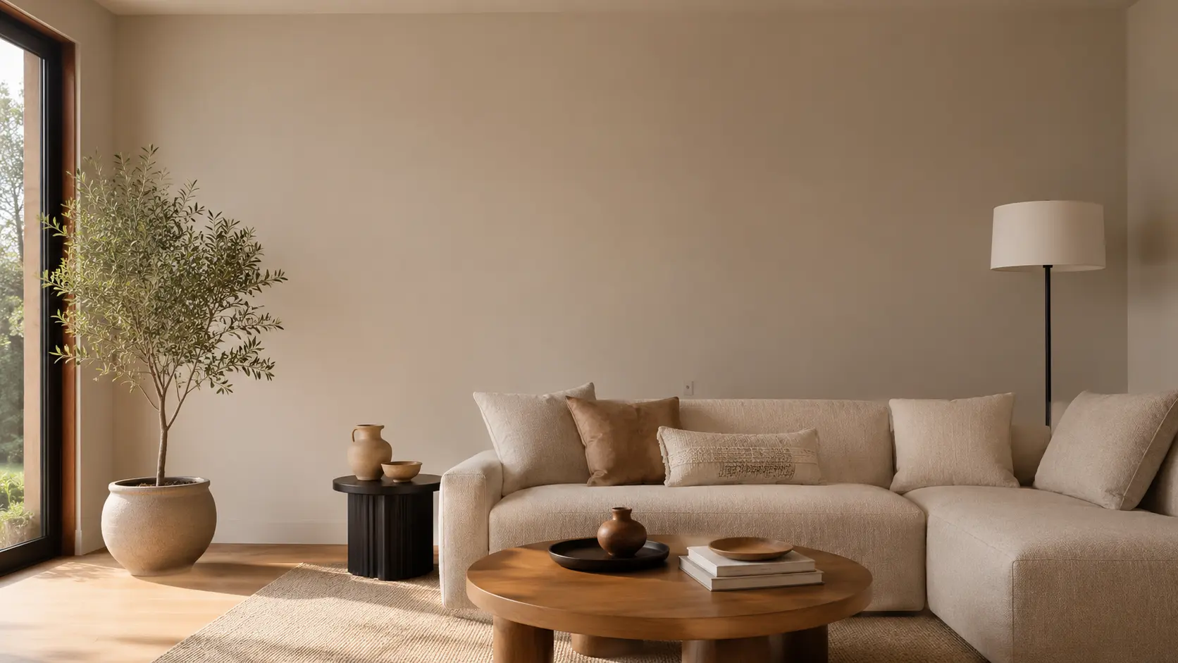 Dasselbe Wohnzimmer mit einer ruhigen, glatt gestrichenen Wandfläche als Wandfarben-Variante