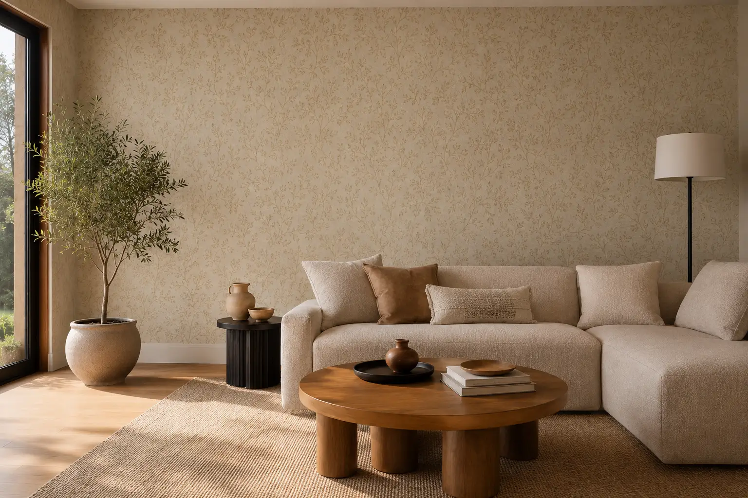 Dasselbe Wohnzimmer mit klassischer gemusterter Tapete als Wandgestaltung