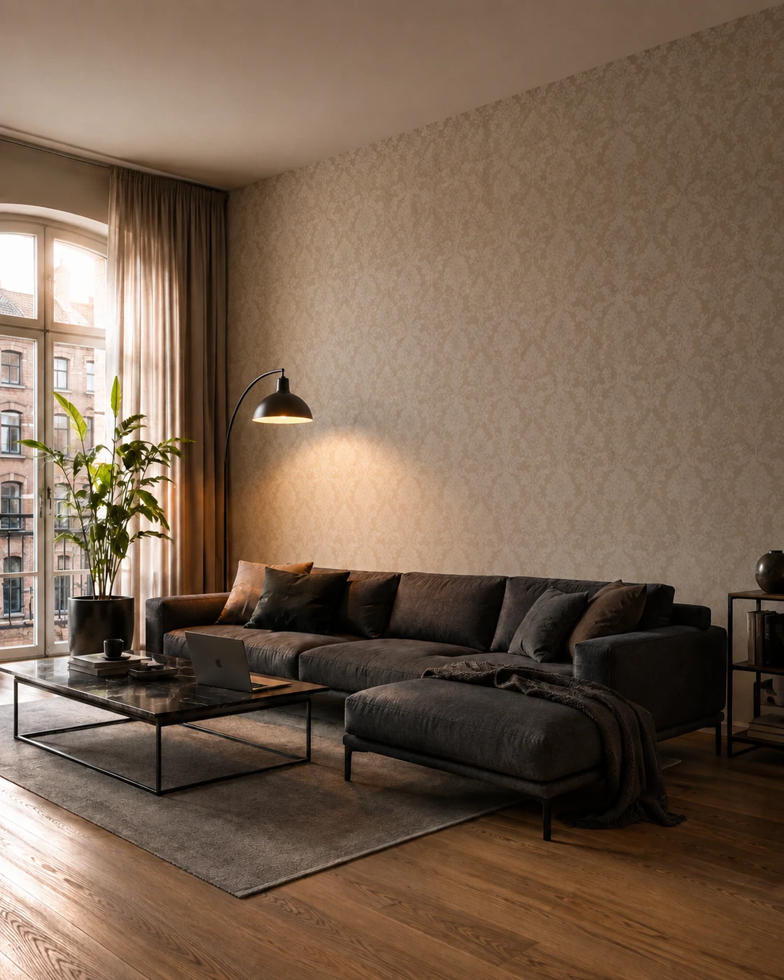 Dasselbe Wohnzimmer nach einem KI-Prompt mit Stil- und Atmosphärenvorgaben