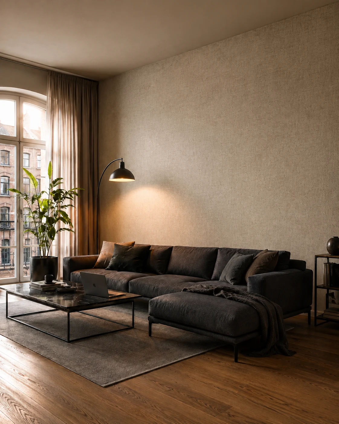 Dasselbe Wohnzimmer nach einem entscheidungsorientierten KI-Prompt mit Materialvergleich