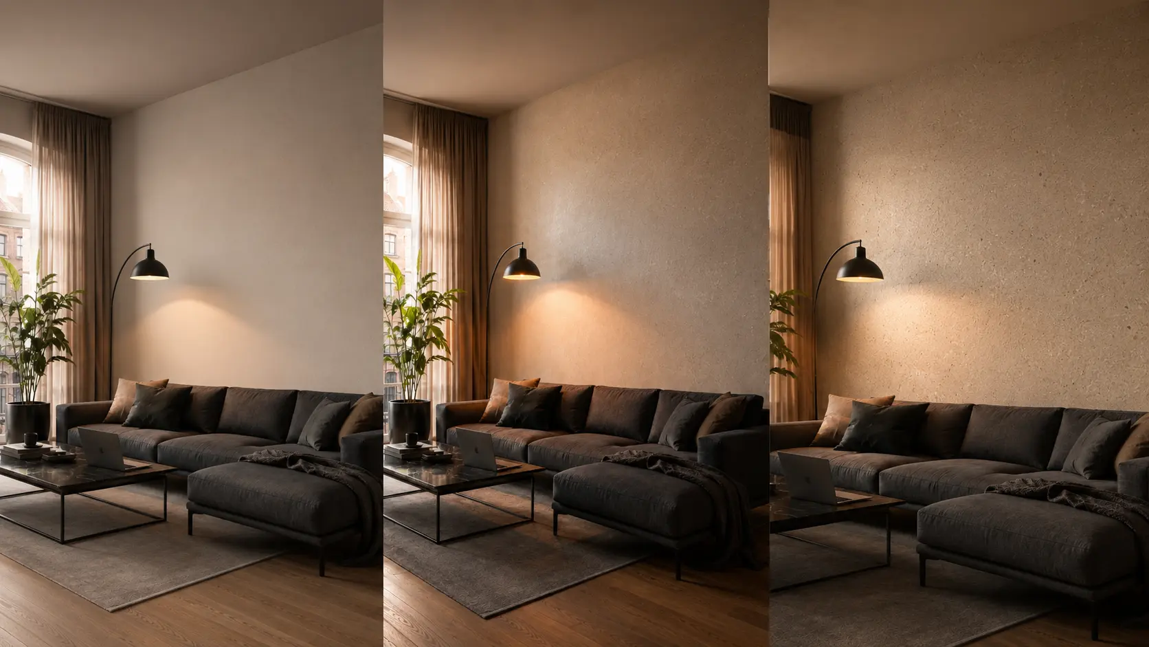 Vergleich zwischen KI-Visualisierung und realer Wandoberfläche mit Fokus auf Licht, Material und Haptik