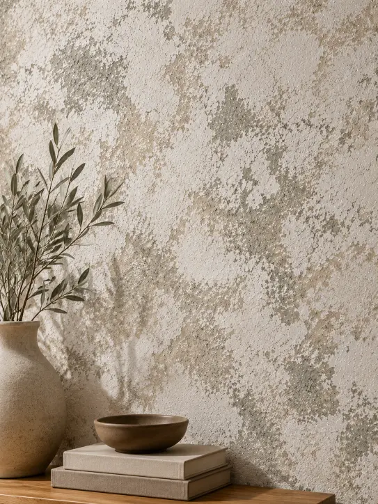 BELKA Tapete MIX4016 Salbei & Stein als natürliche Akzentwand in Elfenbein, Weiß, Portland Stone und Earthy Sage im modernen Wohnzimmer