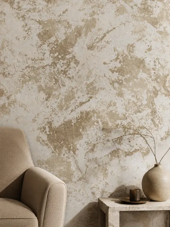 BELKA Tapete MIX4019 Karamellcreme als gemütliche Wandgestaltung in Elfenbein, Weiß, Warm Neutral und Caramelized im Schlafzimmer