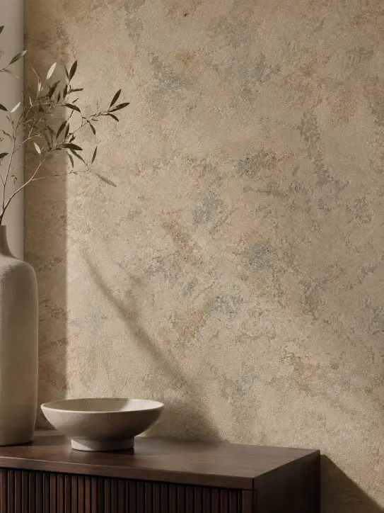 BELKA Tapete MIX4021 Y25 Naturpalette als ausgewogene Wandgestaltung in Portland Stone, Warm Neutral, Earthy Sage und Caramelized im Homeoffice