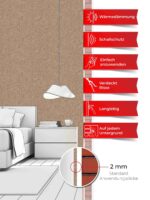Ein Schlafzimmer, dessen Wände mit Belka Tapete Taupe tapeziert sind. Produktmerkmale auf sechs roten Etiketten.