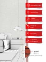 Ein Schlafzimmer, dessen Wände mit Belka Tapete Weiß Glatt tapeziert sind. Produktmerkmale auf sechs roten Etiketten.