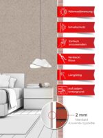Ein Schlafzimmer, dessen Wände mit Belka Tapete Hellbraun tapeziert sind. Produktmerkmale auf sechs roten Etiketten.