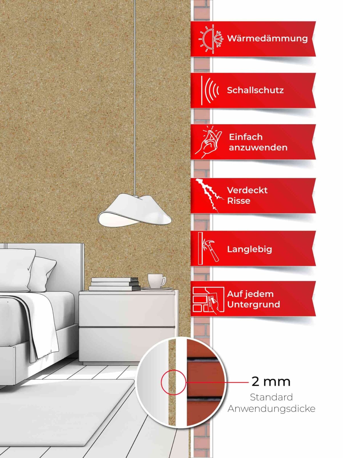 Ein Schlafzimmer, dessen Wände mit Belka Tapete Beige tapeziert sind. Produktmerkmale auf sechs roten Etiketten.