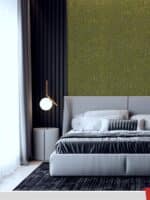 Ein gemütliches und stilvolles Schlafzimmer mit Wänden, die mit der Belka Tapete Olivgrün bedeckt sind.