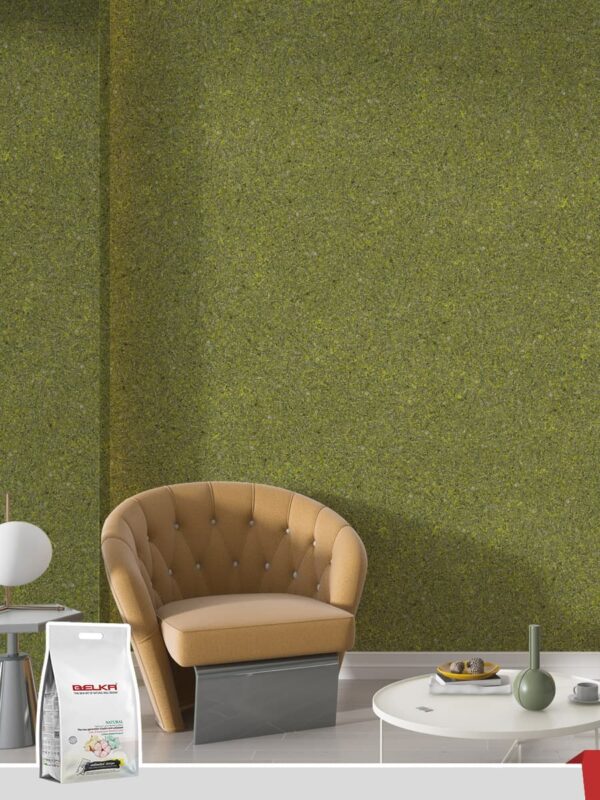 Ein modernes Wohnzimmer, dessen Wände mit Belka Tapete Olivgrün verkleidet sind. 1 Packung des Produkts, 1 kg.