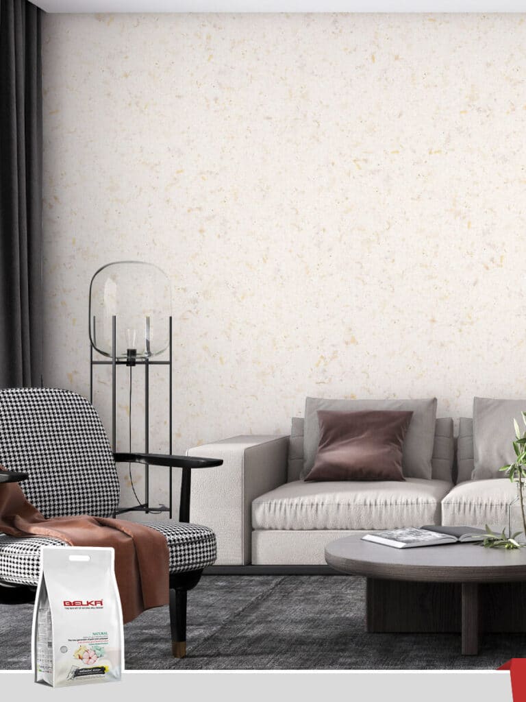 Ein modernes Wohnzimmer, dessen Wände mit Belka Tapete Beige Gold verkleidet sind. 1 Packung des Produkts, 1 kg.