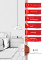 Ein Schlafzimmer, dessen Wände mit Belka Tapete Weiß Glitzer tapeziert sind. Produktmerkmale auf sechs roten Etiketten.