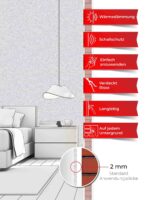 Ein Schlafzimmer, dessen Wände mit Belka Tapete Hellgrau tapeziert sind. Produktmerkmale auf sechs roten Etiketten.