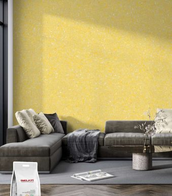 Ein modernes Wohnzimmer, dessen Wände mit Belka Tapete Gelb verkleidet sind. 1 Packung des Produkts, 1 kg.