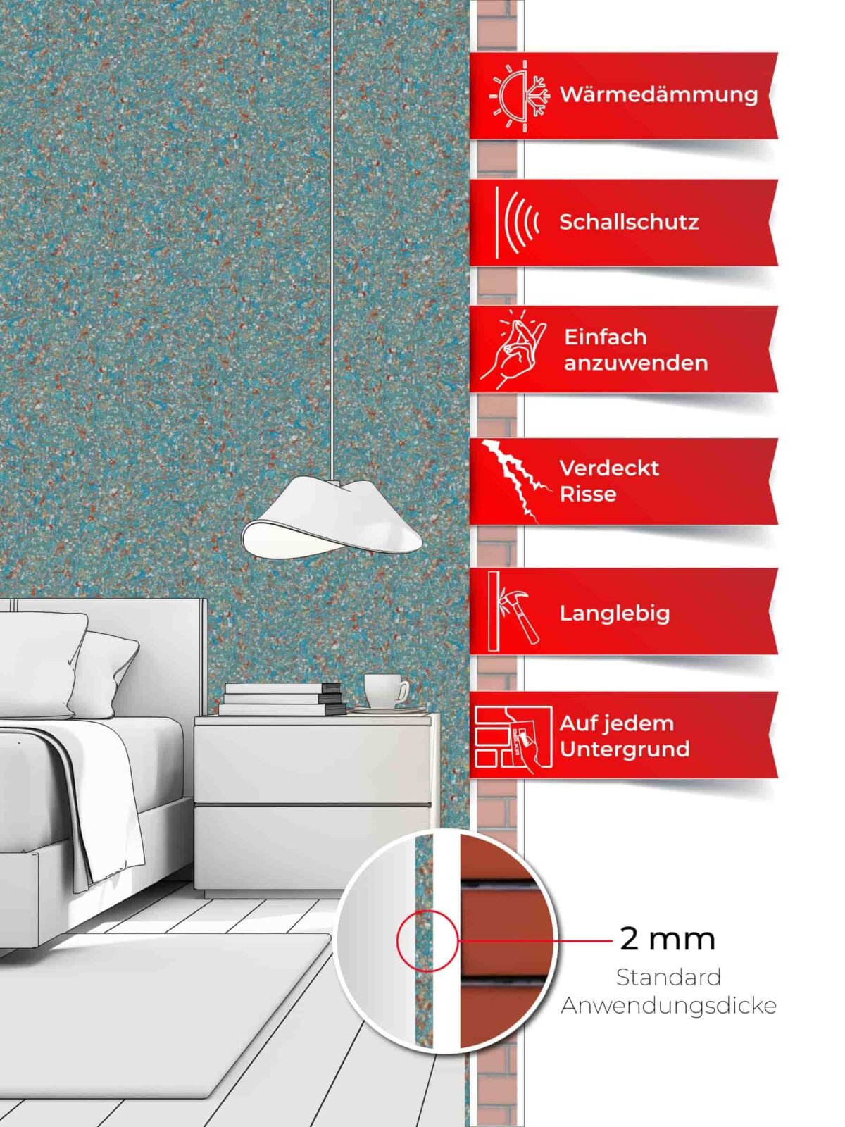 Ein Schlafzimmer, dessen Wände mit Belka Tapete Retro tapeziert sind. Produktmerkmale auf sechs roten Etiketten.