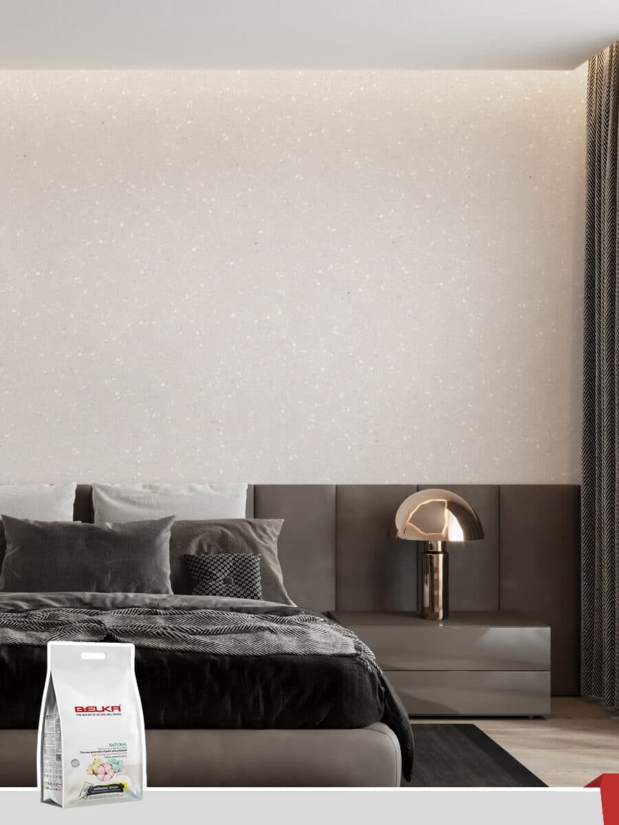 Ein modernes Wohnzimmer, dessen Wände mit Belka Tapete Creme Muster verkleidet sind. 1 Packung des Produkts, 1 kg.
