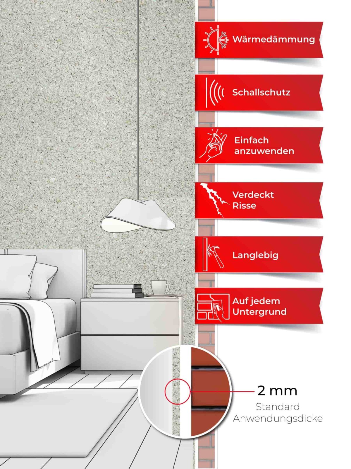 Ein Schlafzimmer, dessen Wände mit Belka Tapete Grau tapeziert sind. Produktmerkmale auf sechs roten Etiketten.