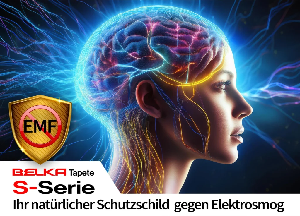 Das Bild zeigt eine Frau, deren Kopf zur Hälfte als Gehirn mit farbigen neuronalen Verbindungen dargestellt ist. Daneben befindet sich ein Schild mit dem durchgestrichenen "EMF"-Symbol, das Schutz vor elektromagnetischer Strahlung symbolisiert. Im unteren Bereich steht "Belka Tapete S-Serie – Ihr natürlicher Schutzschild gegen Elektrosmog."