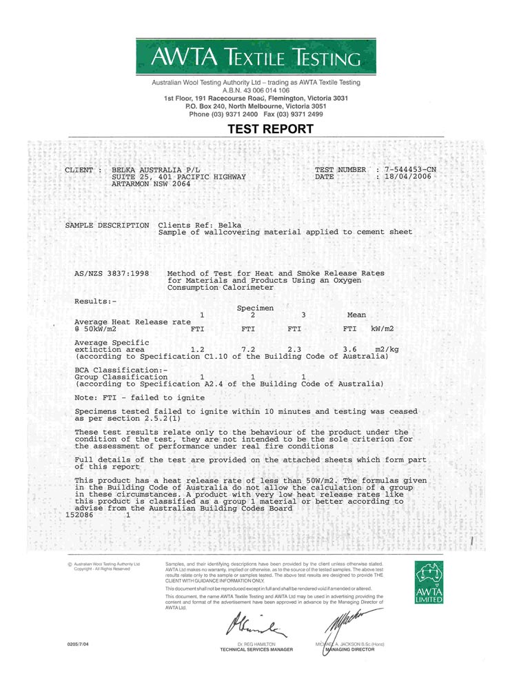 AWTA Textile Testing Zertifikat für Belka Tapeten, das die Prüfung auf Wärmedämmung und Rauchfreisetzung gemäß der australischen Norm AS/NZS 3837:1998 zeigt.