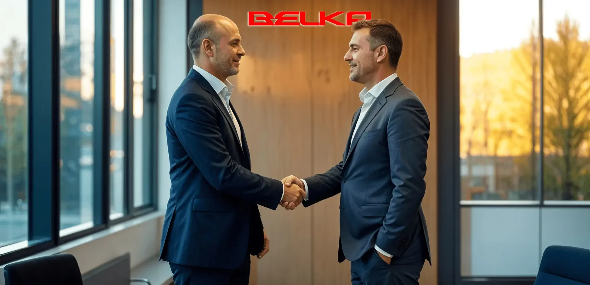 Zwei Geschäftsmänner in einem modernen Büro schütteln sich die Hand, mit dem Belka-Logo im Hintergrund – Symbol für eine erfolgreiche B2B-Partnerschaft in Deutschland.