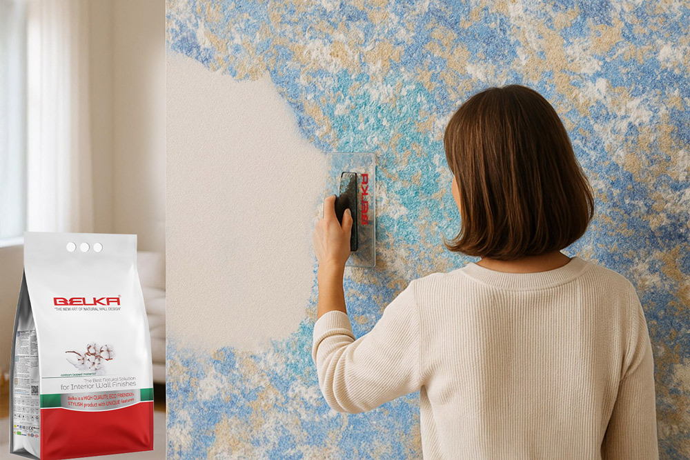 Eine Person trägt Belka Tapete mit einer Kelle auf eine Wand mit blau-goldenem Muster, während ein moderner Raum mit Sofa und Tisch im Hintergrund sichtbar ist.
