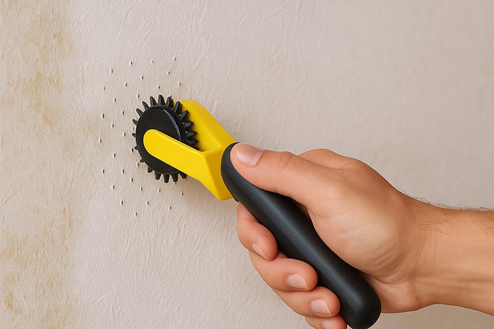 Eine Hand perforiert alte Raufasertapete mit einem Tapetenigel vor dem Einweichen