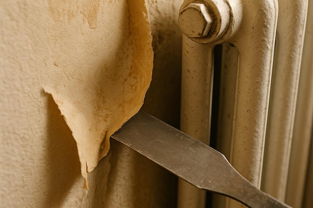 Enge Stelle: Tapete wird hinter einem Heizkörper entfernt