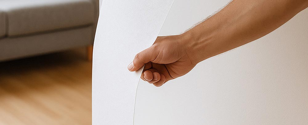 Person zieht vorsichtig ein großes Stück Tapete von der Wand